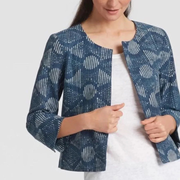 Eileen Fisher Hand-Printed Indigo Organic Cotton Round Neck Jacket Blue - Picture 1 of 6
